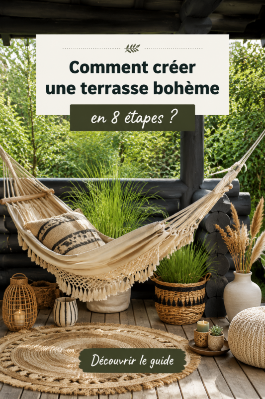 Terrasse bohème décorée avec des coussins colorés et des plantes vertes.