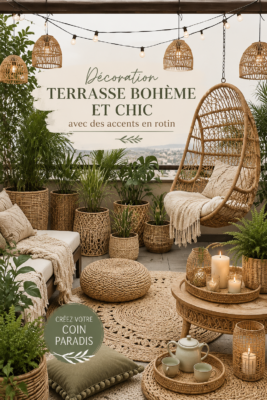Terrasse décorée dans un style bohème chic avec des meubles en rotin