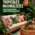 Salon décoré avec des éléments tropicaux et des motifs colorés, illustrant le style maximaliste.