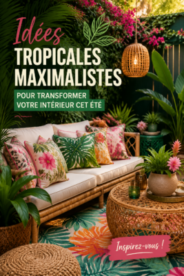 Salon décoré avec des éléments tropicaux et des motifs colorés, illustrant le style maximaliste.