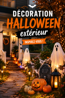 Décoration extérieure d'Halloween avec citrouilles et lanternes