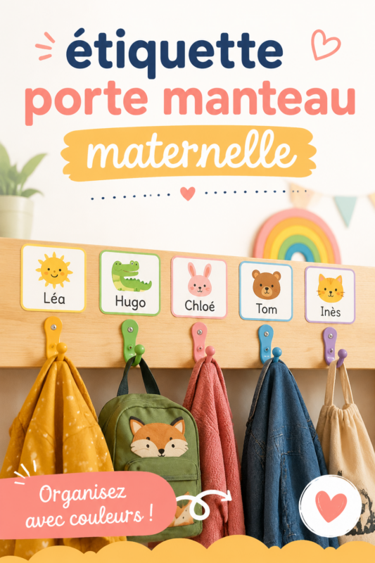 Étiquettes de porte-manteau personnalisées avec des dessins d'enfants et leurs prénoms
