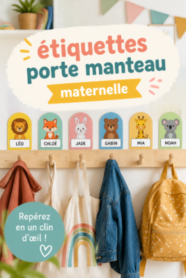 Étiquettes colorées personnalisées accrochées sur un porte-manteau scolaire