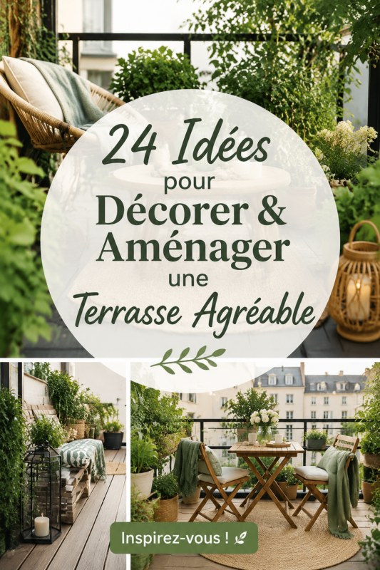 Terrasse aménagée avec des meubles confortables et des plantes décoratives, créant un espace extérieur cosy