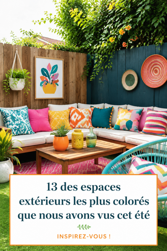 Un jardin coloré avec des fleurs éclatantes et du mobilier décoratif.