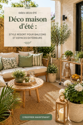 Balcon décoré pour l'été avec des plantes et des coussins confortables