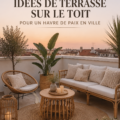 Terrasse cosy décorée avec des plantes et du mobilier confortable