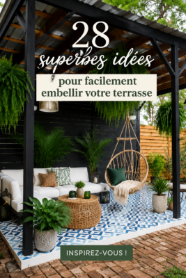 Une terrasse cosy décorée avec des plantes, mobilier confortable et éclairage chaleureux.