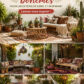 Un patio bohème accueillant décoré avec des coussins colorés et des plantes vertes.