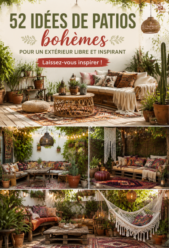 Un patio bohème accueillant décoré avec des coussins colorés et des plantes vertes.