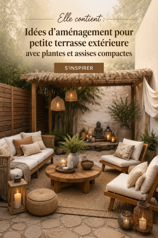 Petit patio extérieur cosy avec plantes et mobilier compact