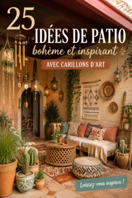 Un patio bohème décoré avec des textiles colorés et des mobiles suspendus pour une ambiance chaleureuse.