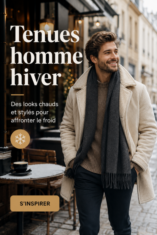 Homme portant une tenue d'hiver stylée avec un manteau et des accessoires chauds.