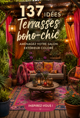 Terrasse boho-chic colorée avec des coussins et des plantes décoratives.