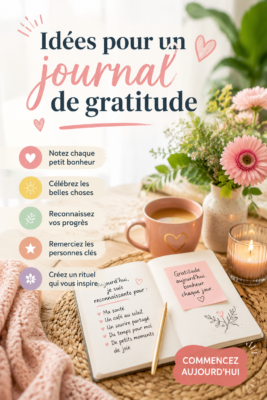 Une femme écrit dans un joli journal de gratitude sur une table cozy avec des plantes.