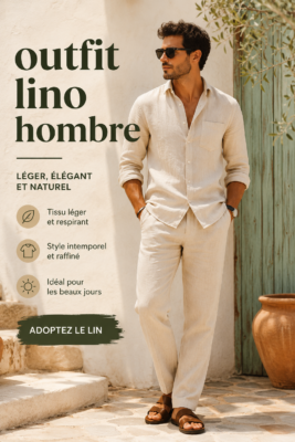 Tenue homme en lin élégante et décontractée photographiée dans un cadre naturel.