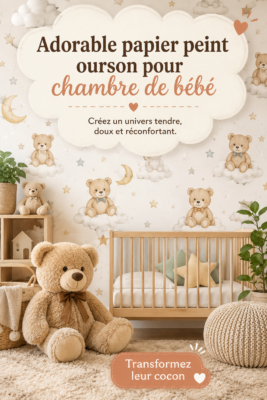 Chambre d'enfant avec un papier peint ours mignon, créant une ambiance cosy.