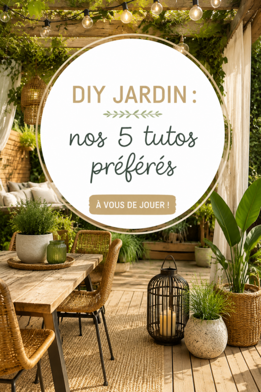 Un jardin cosy avec des éléments DIY en bois, plantes et décorations colorées.