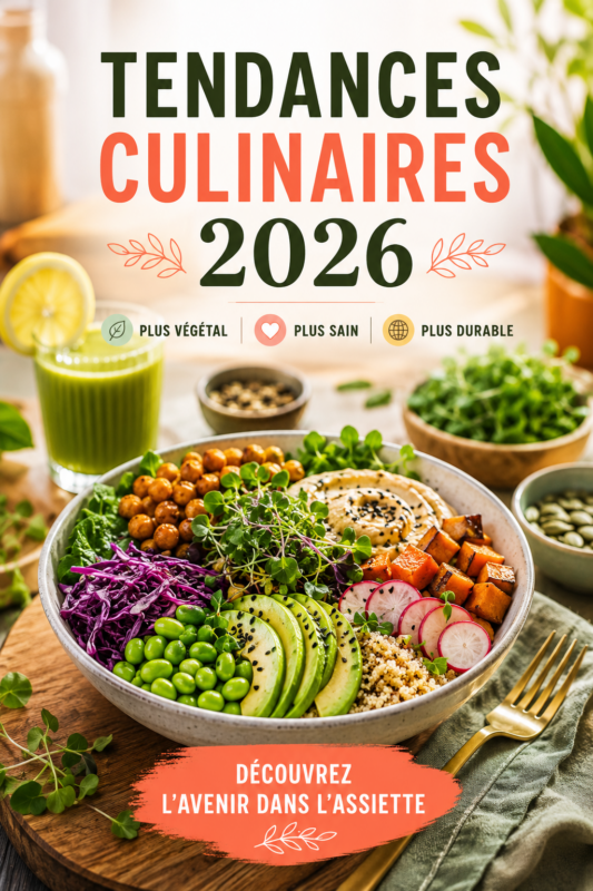 Tendances culinaires 2026 avec des plats innovants et colorés