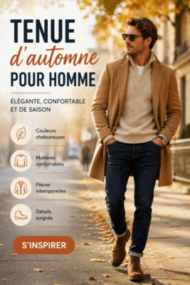 Homme habillé en tenue d'automne avec un pull et un manteau élégant, dans un décor naturel.