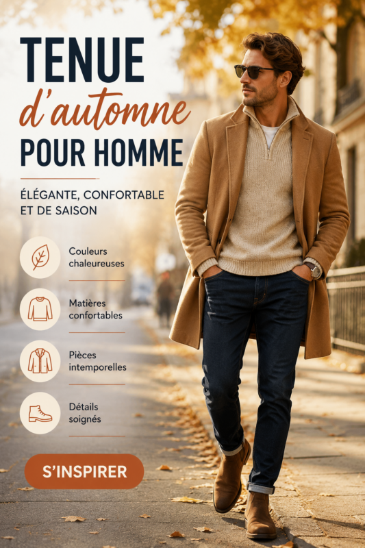 Homme habillé en tenue d'automne avec un pull et un manteau élégant, dans un décor naturel.
