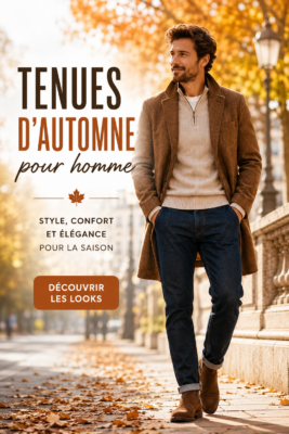 Un mannequin porte une tenue d'automne chic avec un manteau et une écharpe.