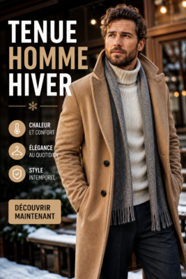 Une tenue d'hiver masculine avec un manteau chaud et une écharpe.