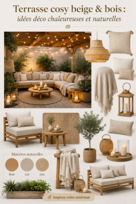 Terrasse cosy en beige et bois, décorée avec des plantes et du mobilier confortable.