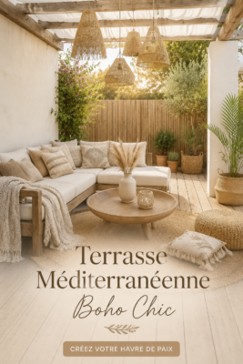 Terrasse inspirée du style méditerranéen avec décoration boho chic.