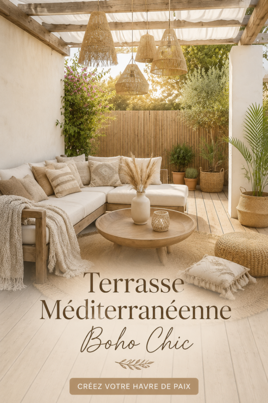 Terrasse inspirée du style méditerranéen avec décoration boho chic.