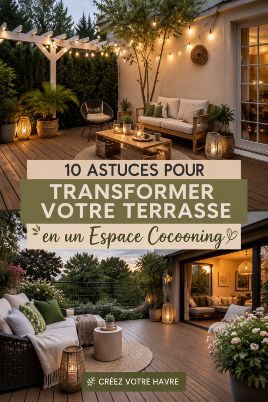 Terrasse moderne aménagée en espace cocooning avec coussins et plantes