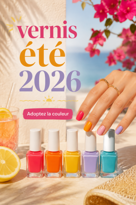 Gamme de vernis colorés pour l'été 2026 sur une table en bois.