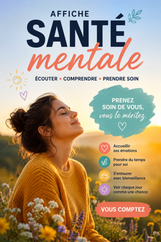 Affiche inspirante sur le bien-être dans un intérieur cozy.