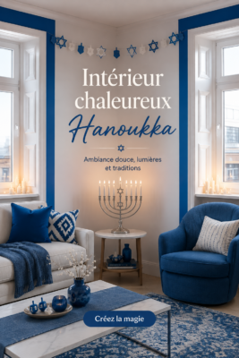 Intérieur cosy décoré pour Hanoukka avec des lumières et des accessoires chaleureux.
