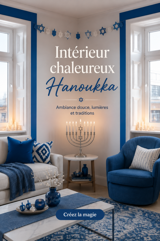 Intérieur cosy décoré pour Hanoukka avec des lumières et des accessoires chaleureux.