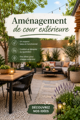 Cour extérieure aménagée avec des meubles cosy et des plantes.