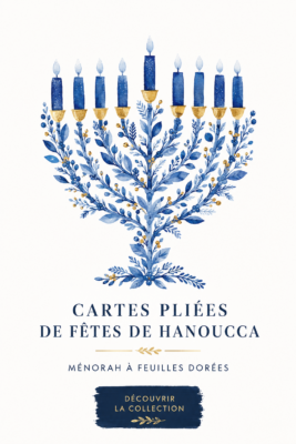 Cartes de vœux de Hanoucca avec motifs dorés et décorations.