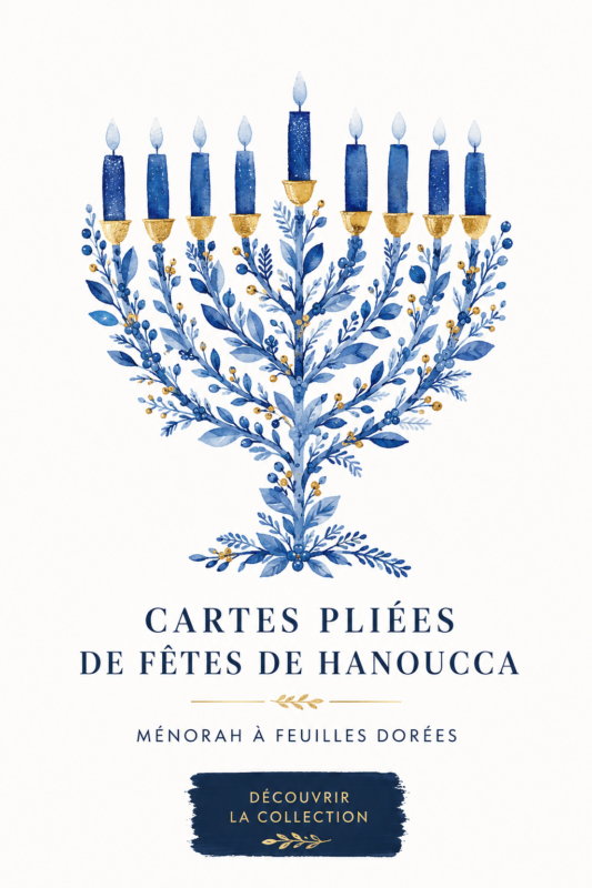 Cartes de vœux de Hanoucca avec motifs dorés et décorations.