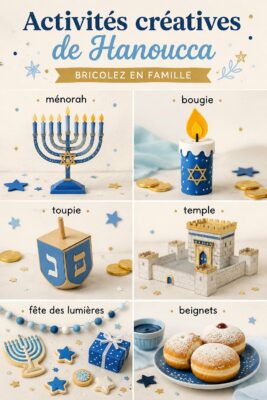 Créations de Hanoukka en bois et en papier exposées sur une table en bois cosy.