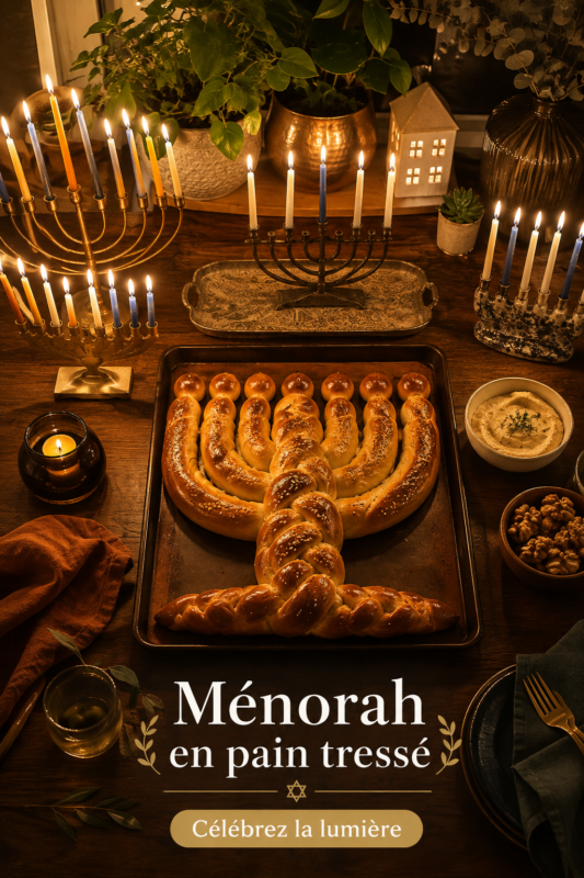 Table décorée pour Hanoukka avec une Challah au centre, ambiance cozy