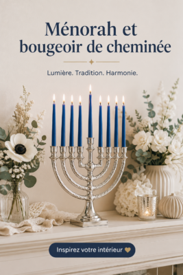 Un mantel décoré avec une menorah et des bougies créant une ambiance chaleureuse