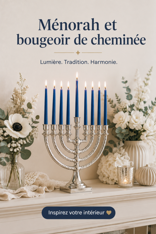 Un mantel décoré avec une menorah et des bougies créant une ambiance chaleureuse