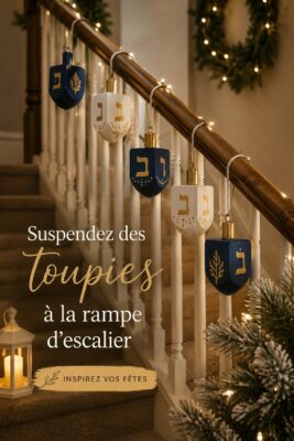 Rampes décorées avec des dreidels suspendus aux couleurs vives.