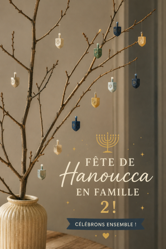 Déco chaleureuse pour une fête de Hanouka en famille, avec des lumières et des éléments traditionnels.