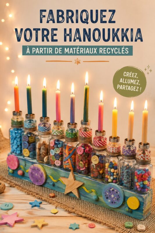 Hanukkiah fait maison à partir de matériaux recyclés sur une table cosy