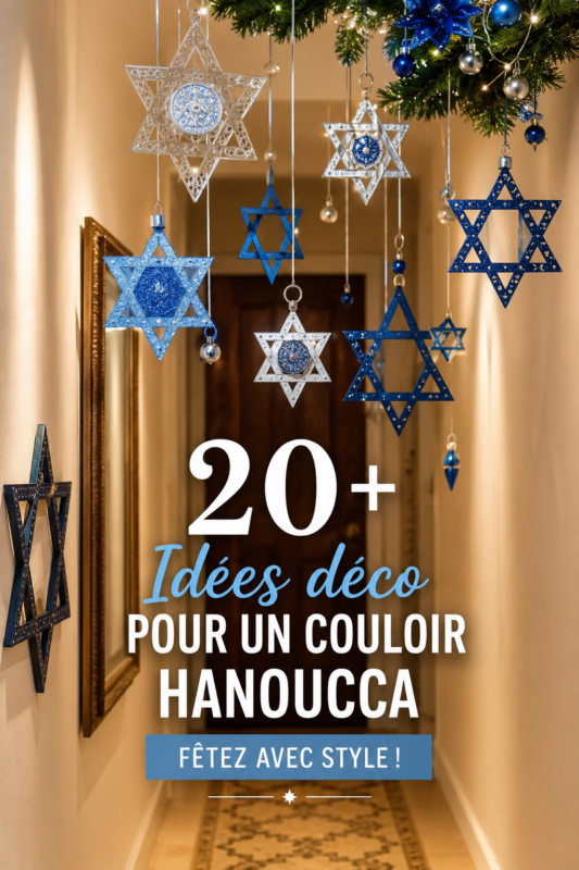 Couloir décoré pour Hanoukka avec des lumières et des éléments traditionnels