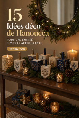 Entrée décorée pour Hanukkah avec des guirlandes lumineuses et des bougies