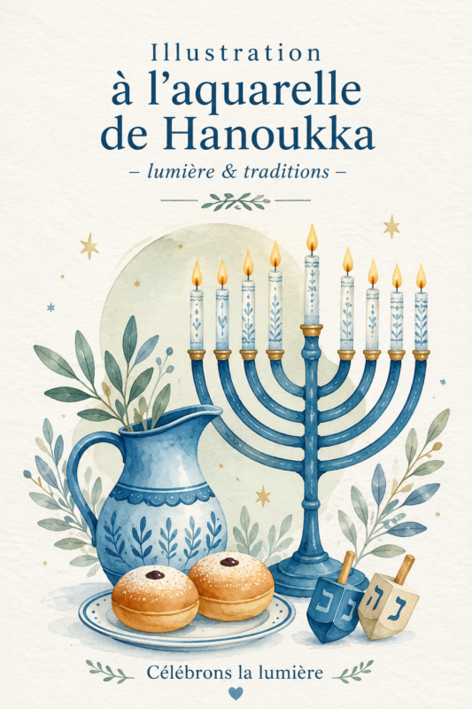 Illustration aquarelle évoquant Hanoukka avec des symboles traditionnels
