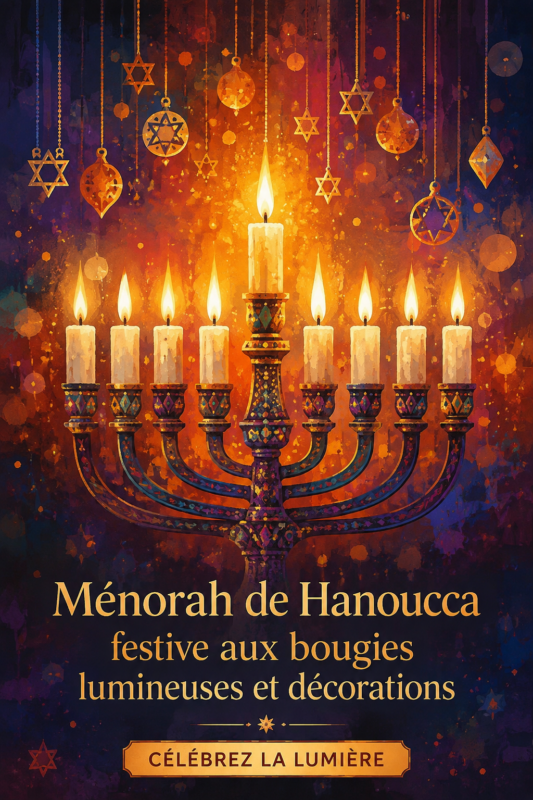 Une menorah élégante avec des bougies allumées sur une table de fête pour Hanukkah
