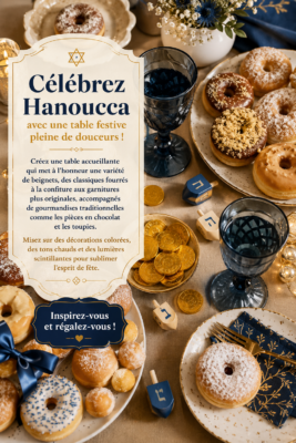 Table décorée pour Hanoukka avec des beignets colorés et des guirlandes lumineuses.